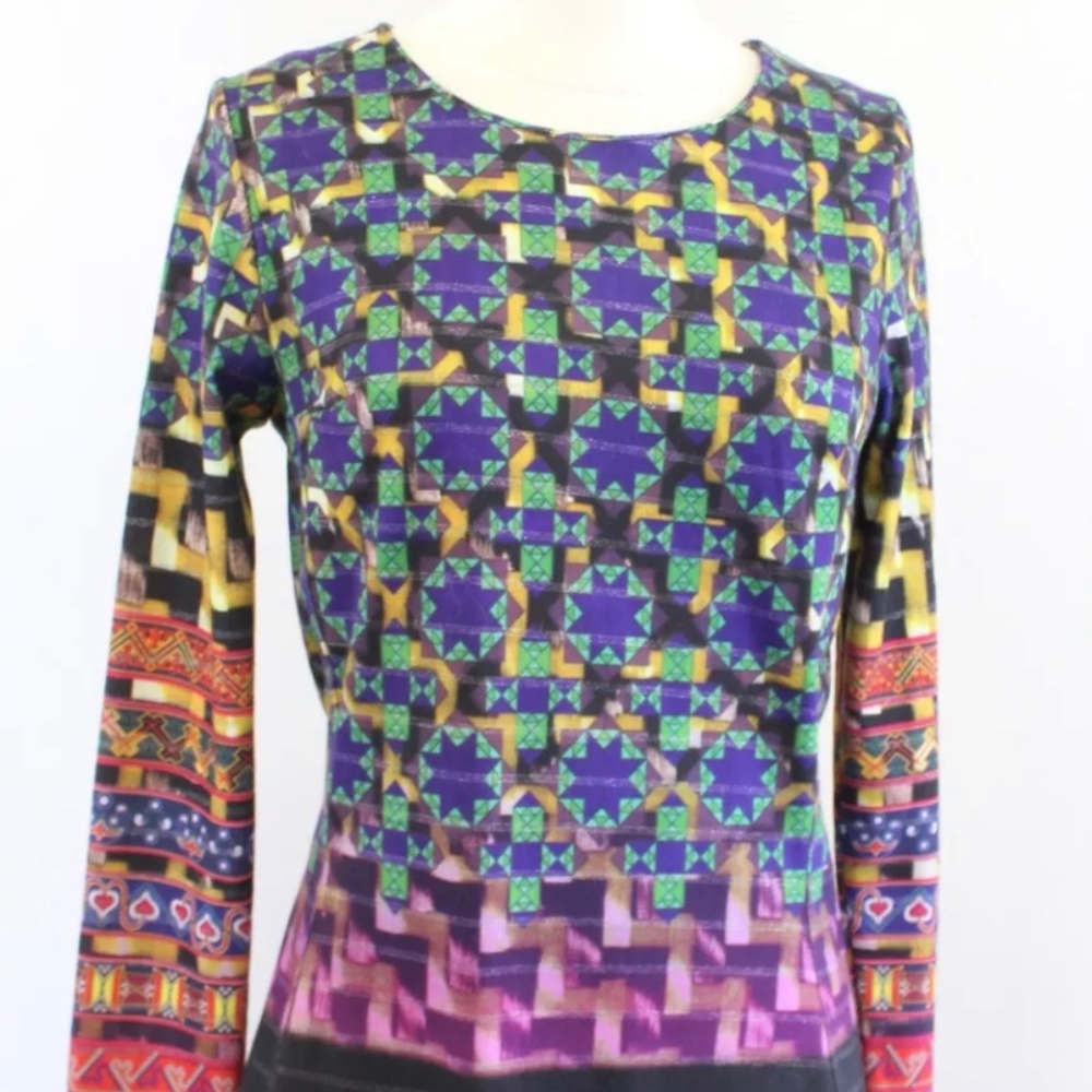 Desigual Colorful Geometric Print Knit Sheath Dress Size S Long Sleeve Floral